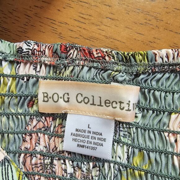 BOG Collective Dress L Green Milkmaid Peasant Floral Cottagecore Smocked Boho - Picture 10 of 15